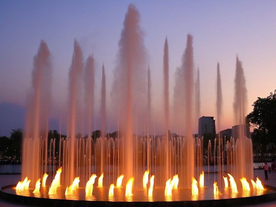 Fountain Display with Illuminated Water Jets at Twilight