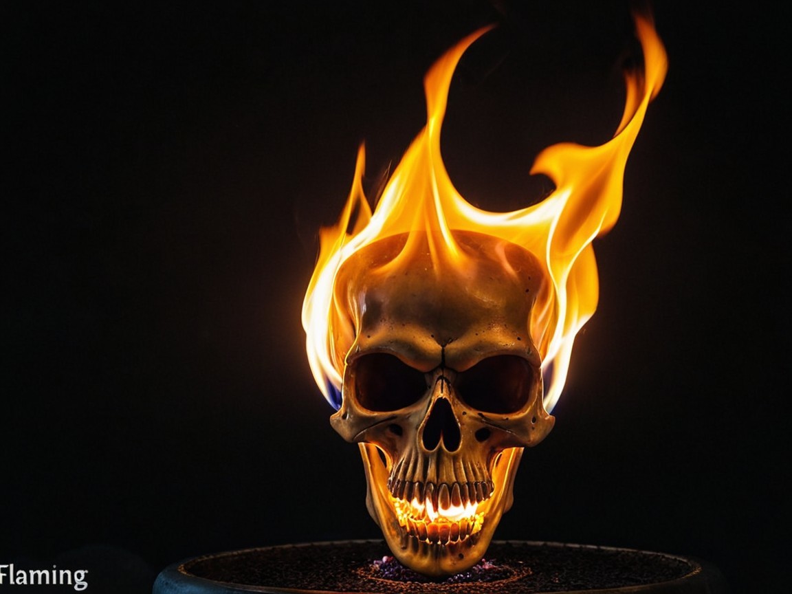 Golden Skull with Flames on Dark Background