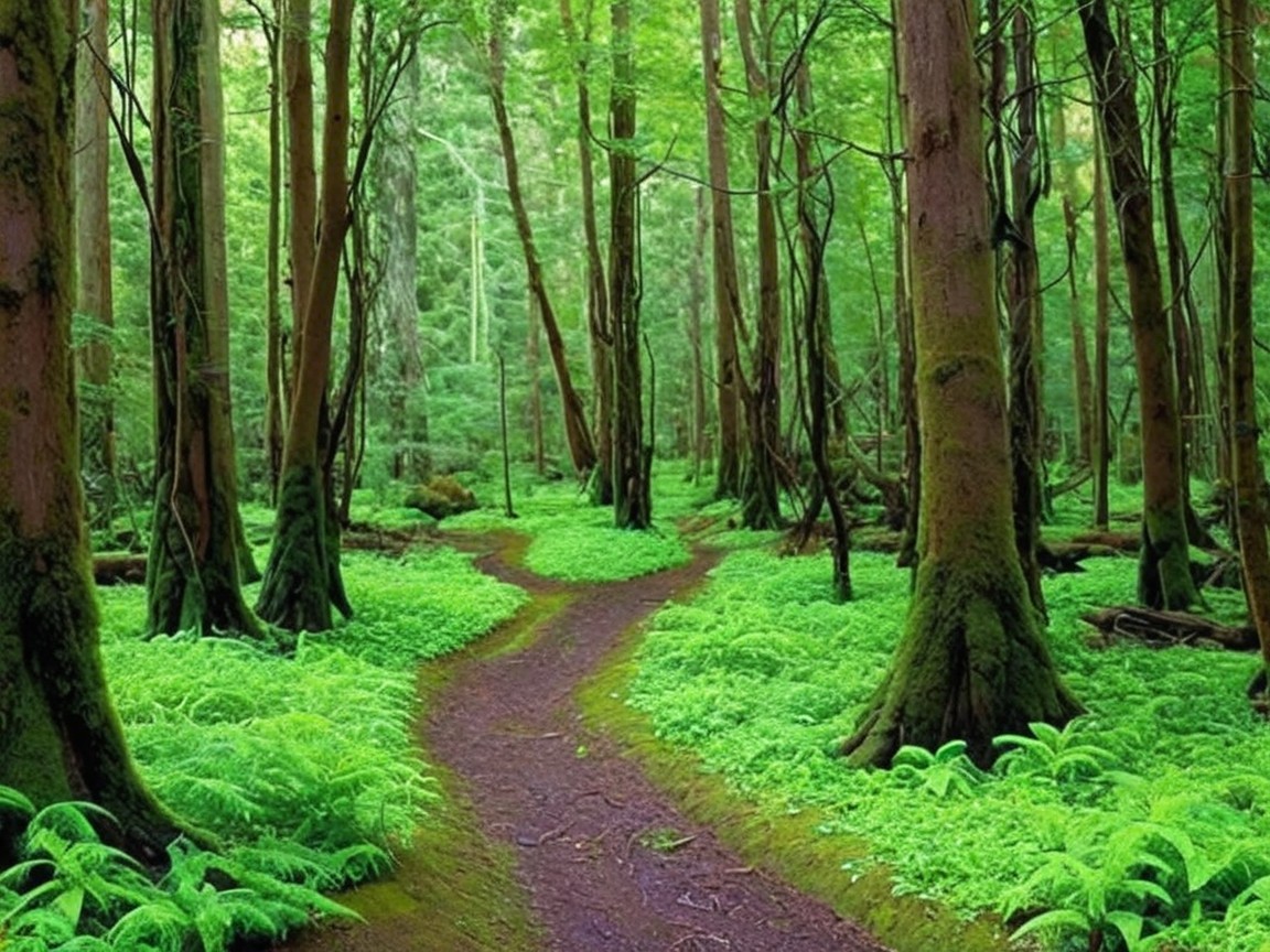 Serene Forest Scene with Lush Green Landscape