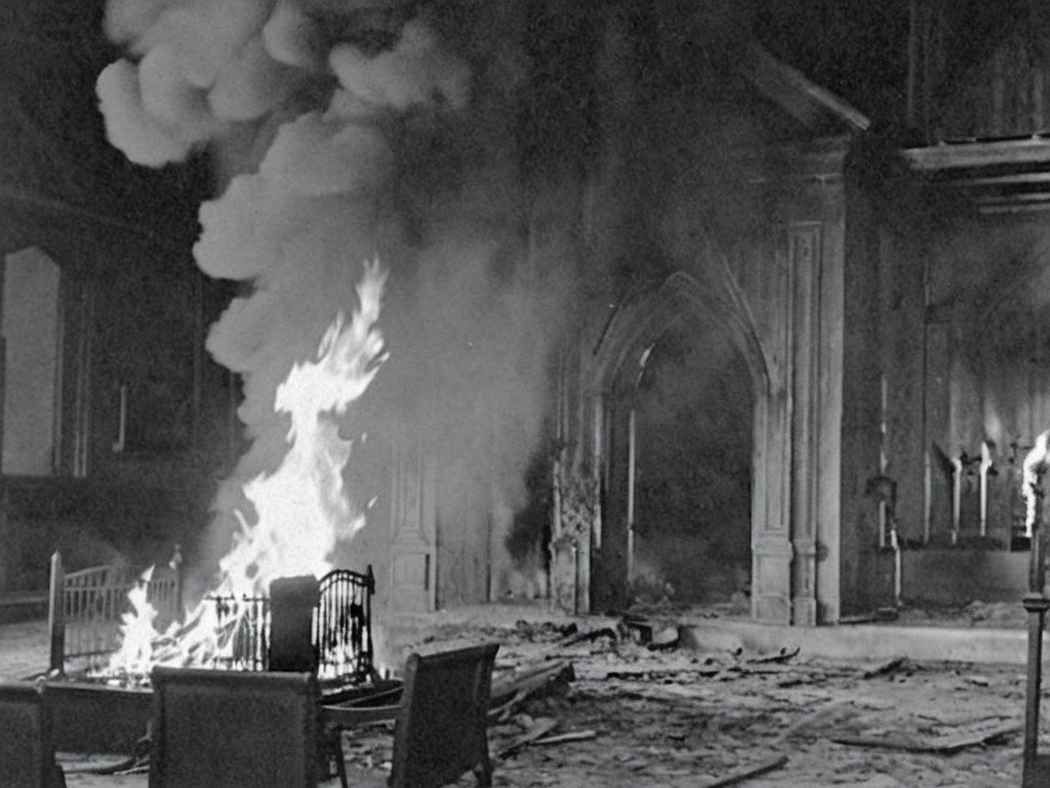 Interior of a building engulfed in smoke and flames