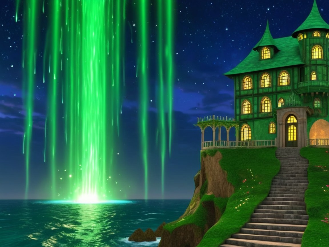 Mystical Scene with Green Beam Over Ocean and Mansion