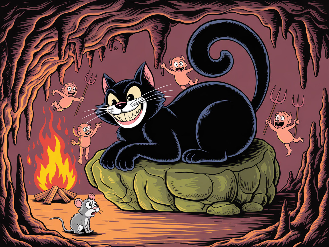 Whimsical Cave Scene with Cat and Imp Creatures