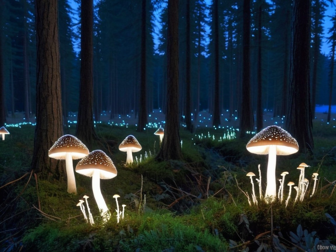 Twilight Forest with Glowing Mushrooms and Trees