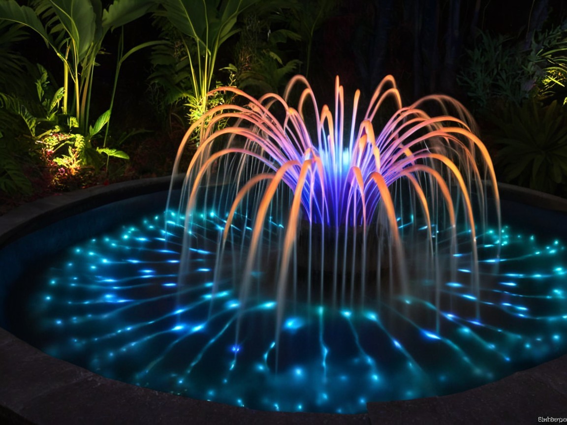 Illuminated Night Fountain with Colorful Water Jets