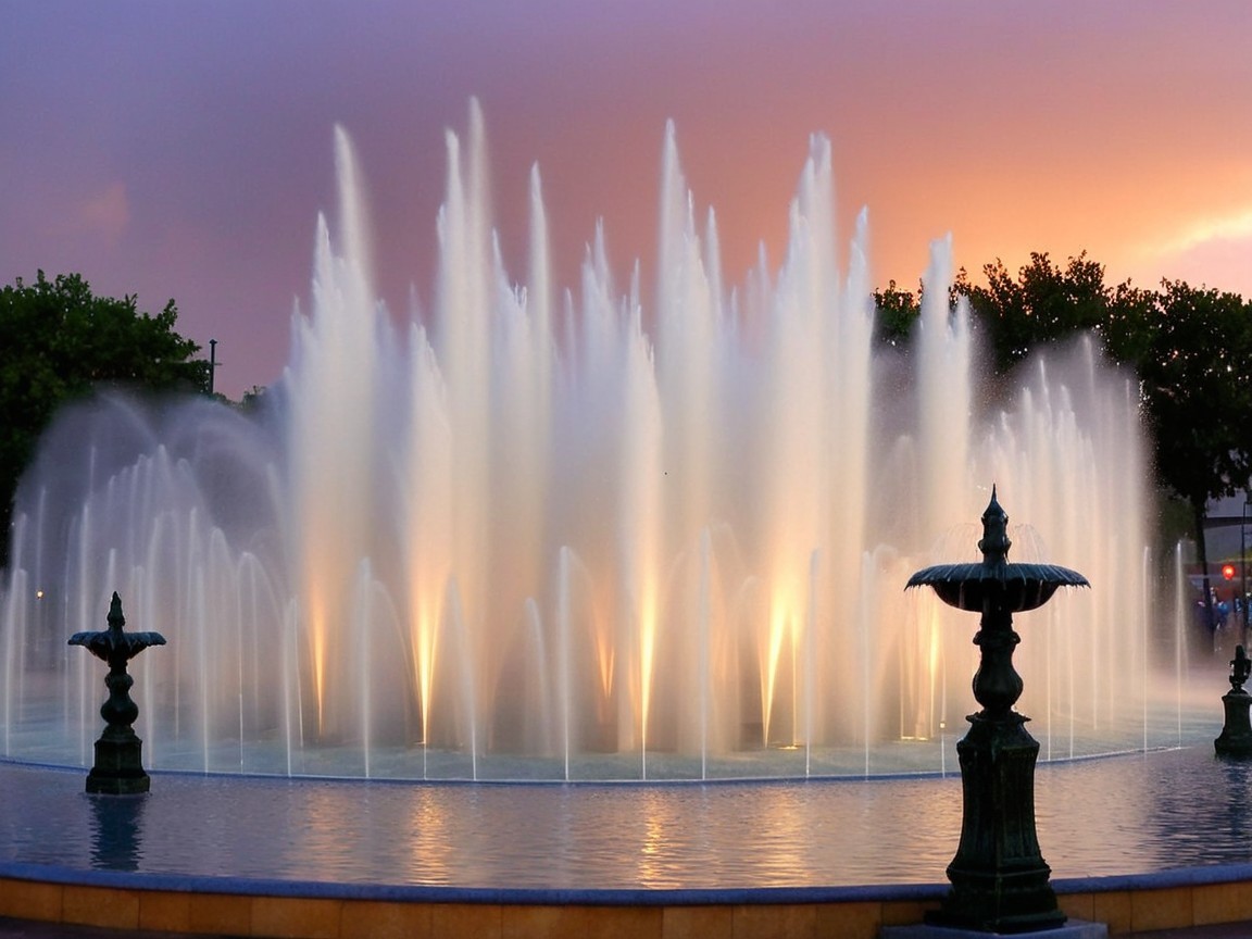 Majestic Fountain with Water Jets and Sunset Reflection