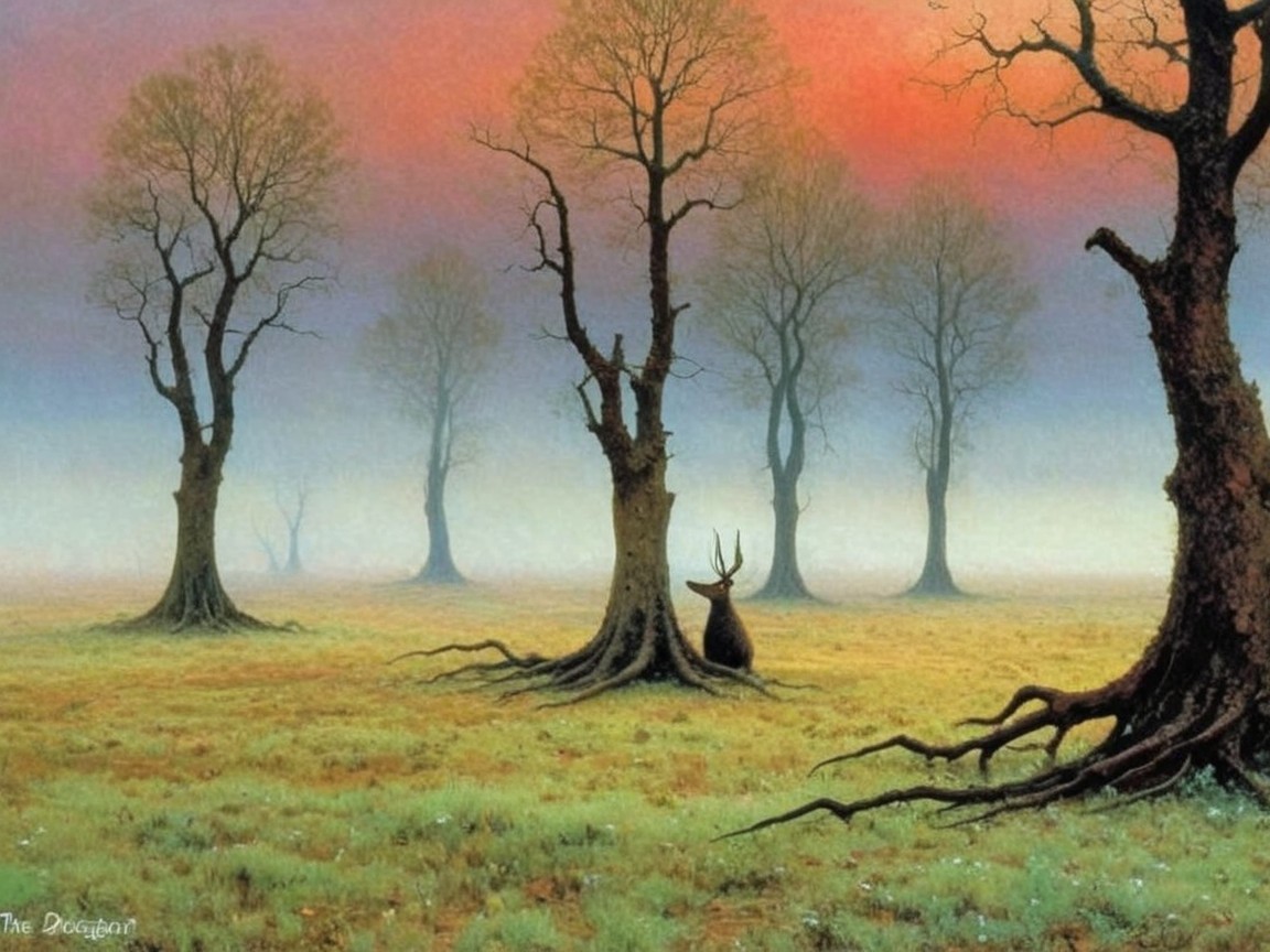 Misty Landscape with Trees and Solitary Stag