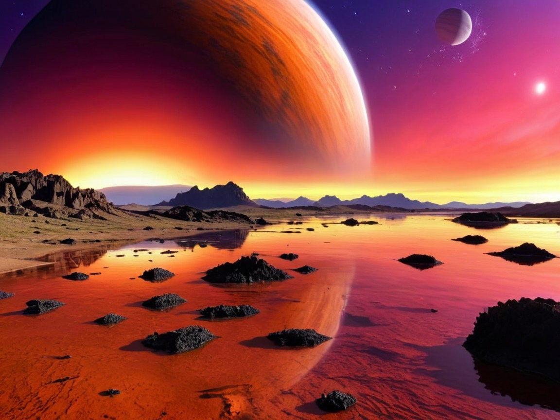 Alien Landscape with Reflective Water and Colorful Sky