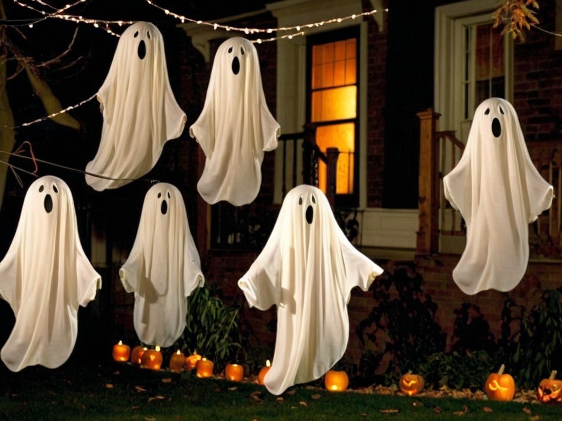 Spooky Halloween Scene with Ghosts and Jack-o'-Lanterns