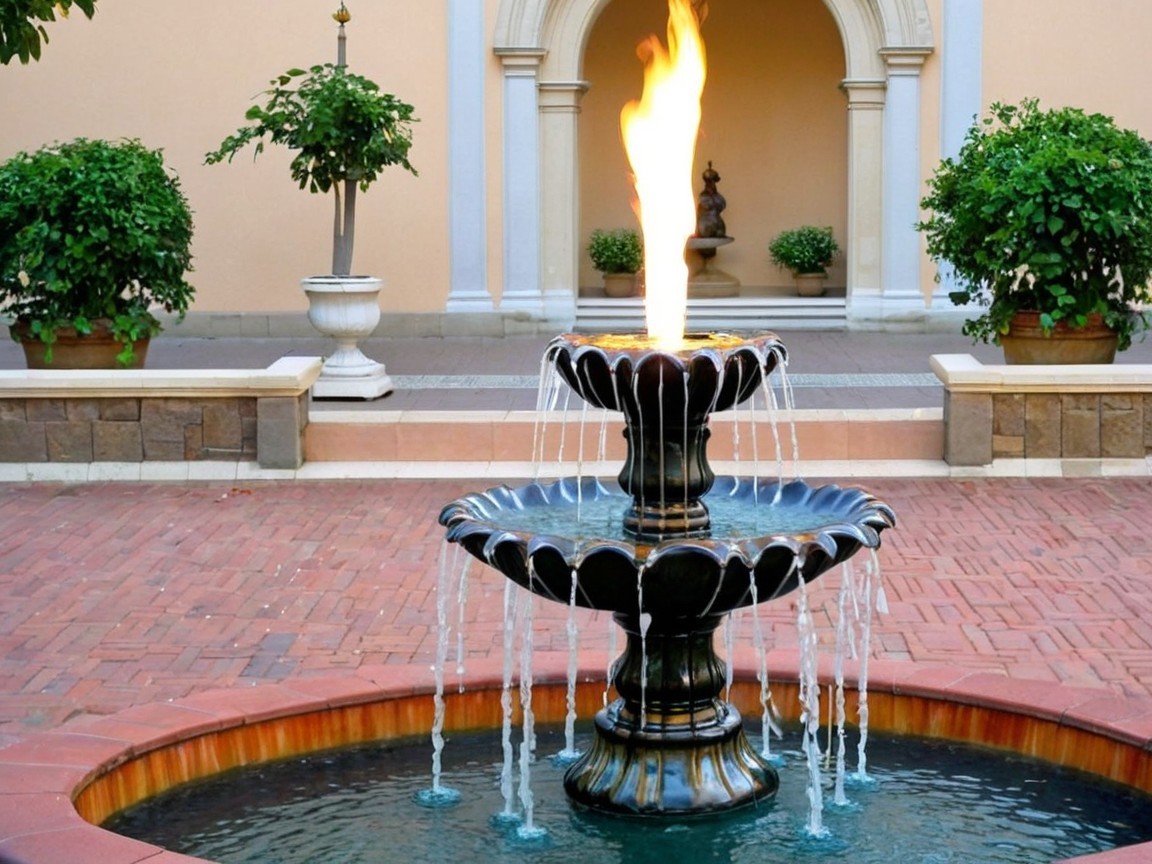 Ornate Fountain with Cascading Water and Center Flame