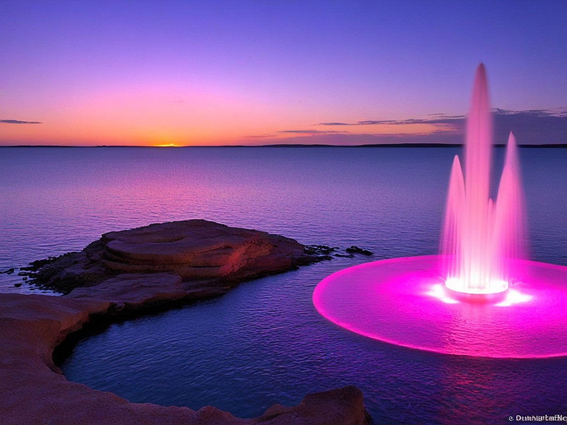 Tranquil Lakeside Scene with Vibrant Pink Fountain