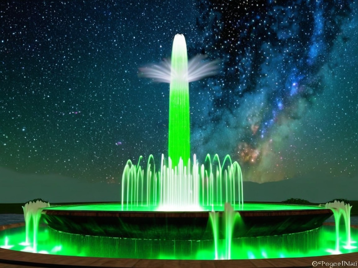 Vibrant Green Fountain Against Starry Night Sky