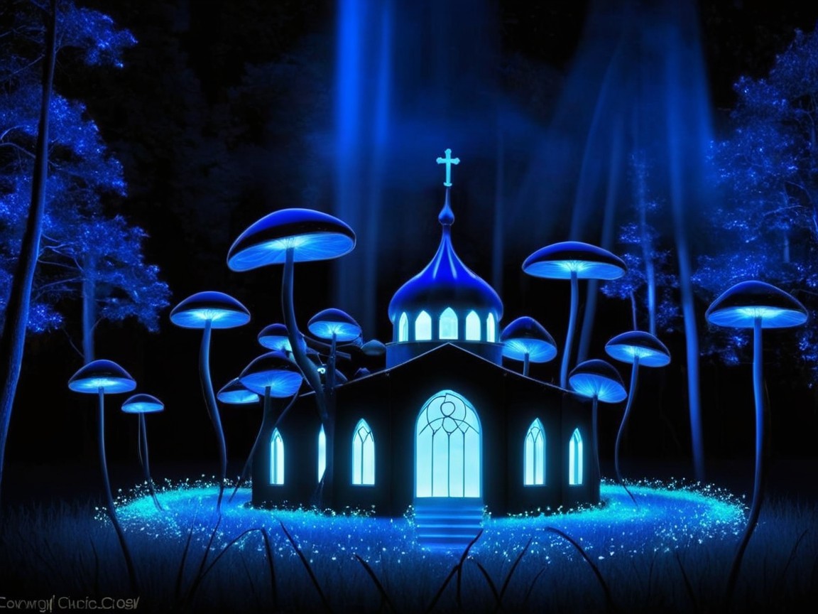 Glowing Blue Church Surrounded by Fantasy Elements