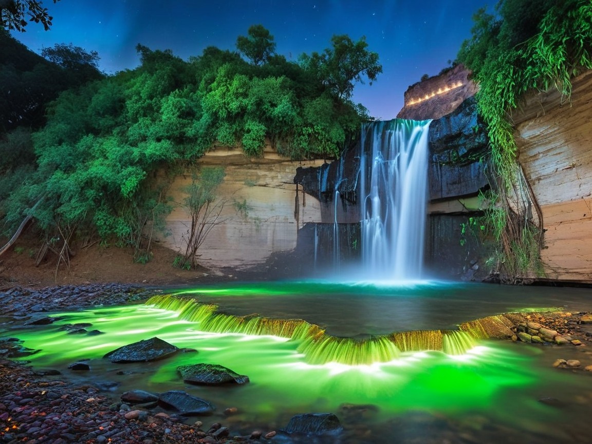 Cascading Waterfall and Lush Greenery Under Stars