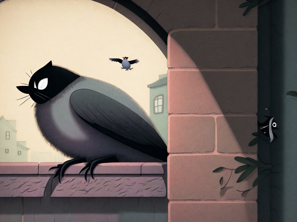Whimsical Illustration of Cartoonish Birds and Buildings