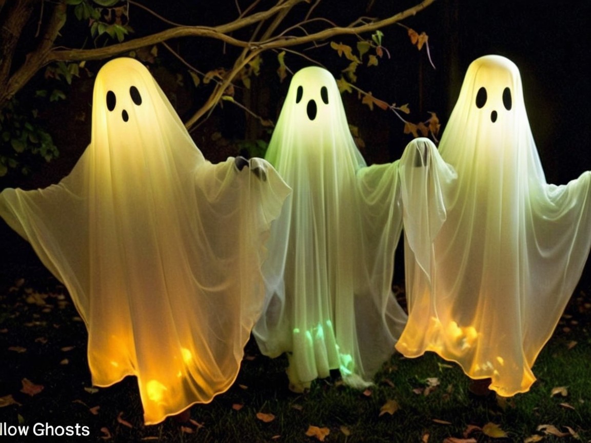 Illuminated Ghost Figures in Dark Autumn Setting
