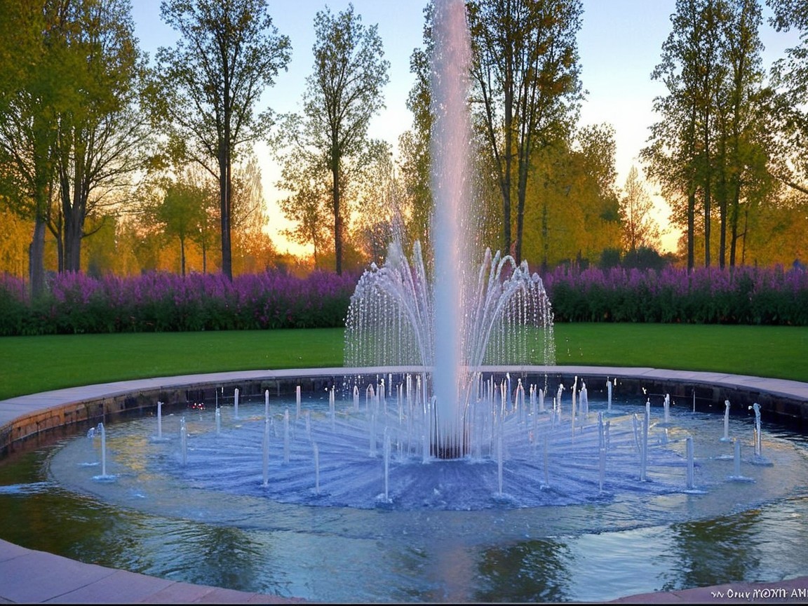 Fountain Display in Autumn Park with Sunset Glow