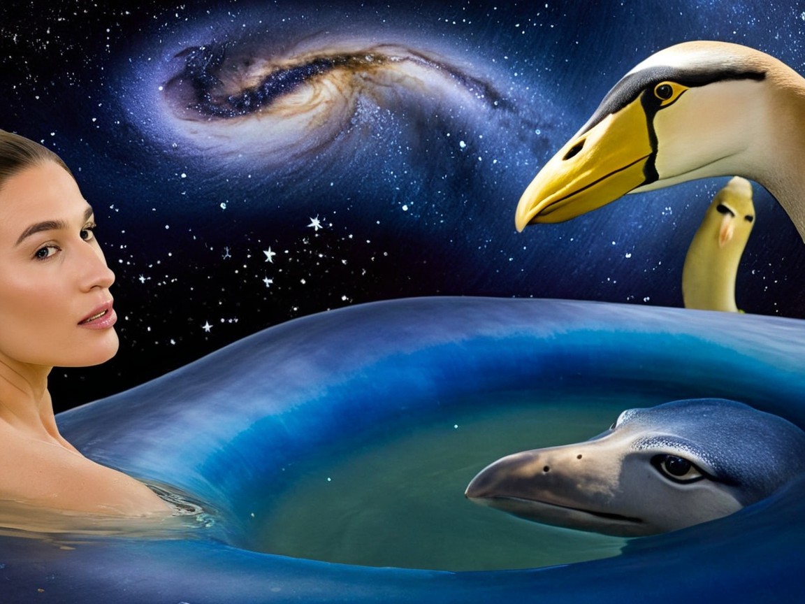 Surreal Scene of a Woman in a Blue Pool with Birds