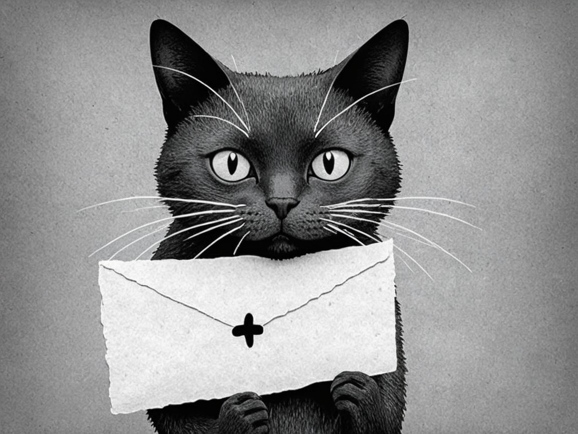 Whimsical Black Cat with Envelope on Gray Background