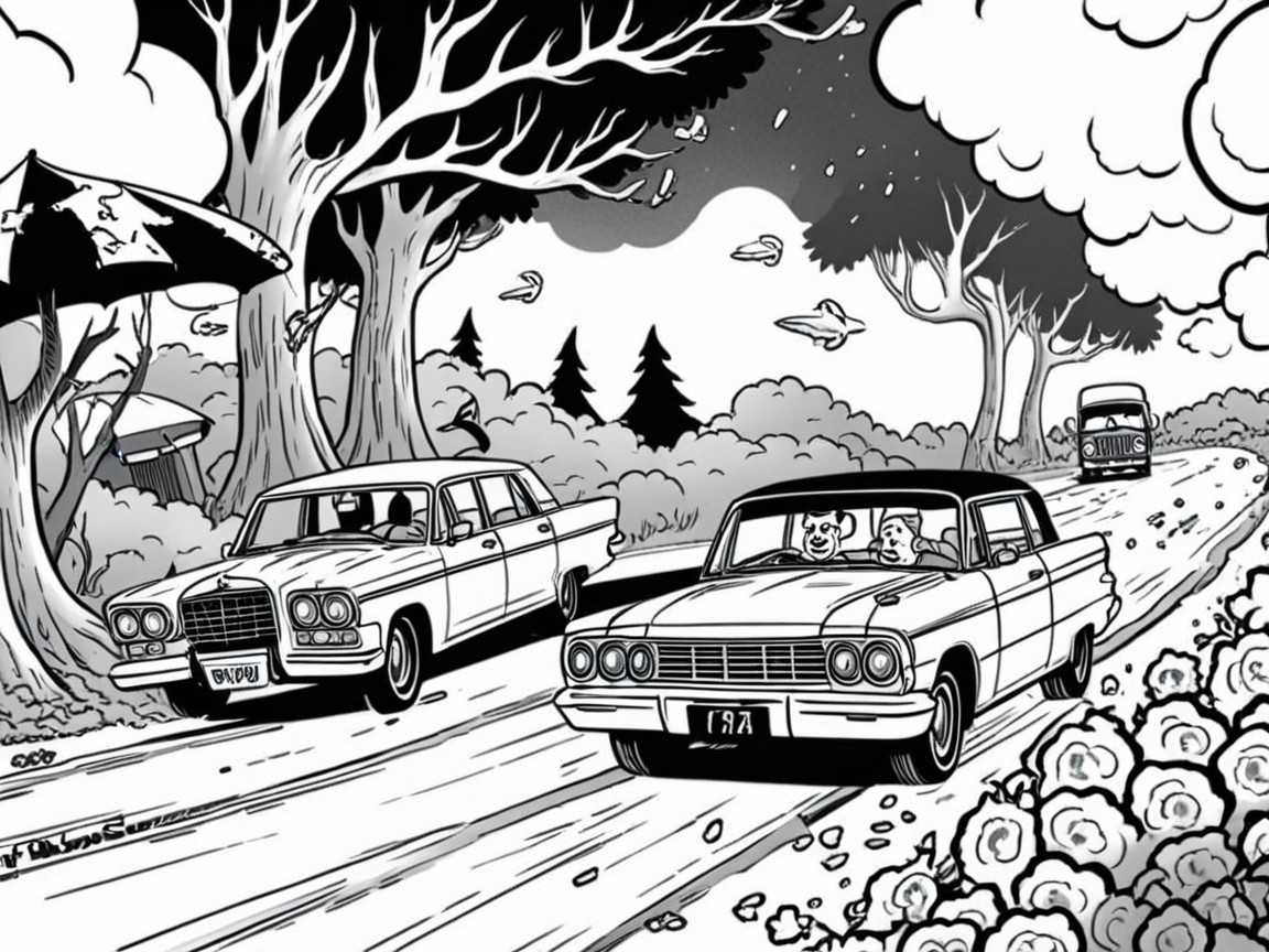 Classic Cars on a Winding Tree-Lined Road