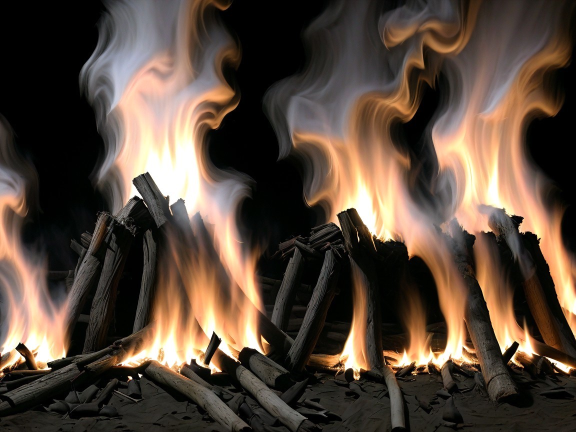 Vibrant Flames and Smoke from Wooden Logs on Black Background