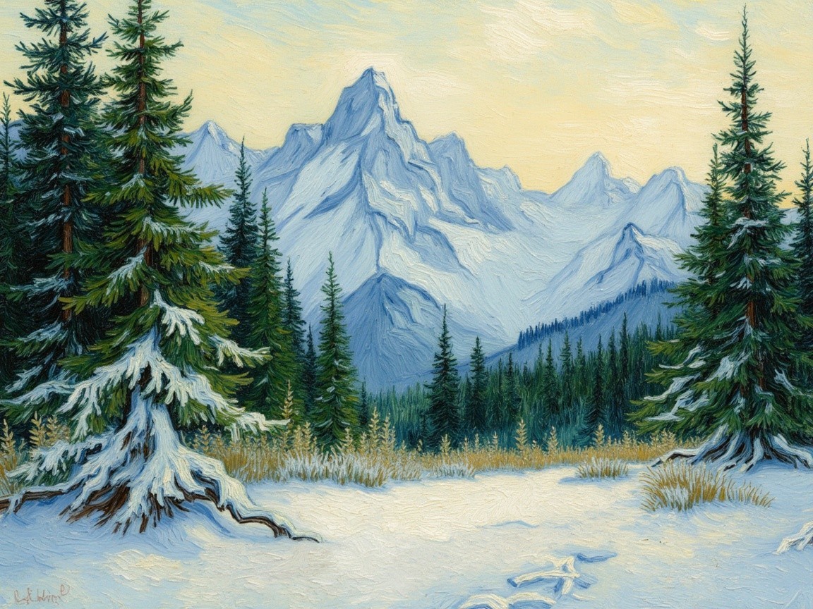 Serene Winter Landscape with Snow-Capped Mountains
