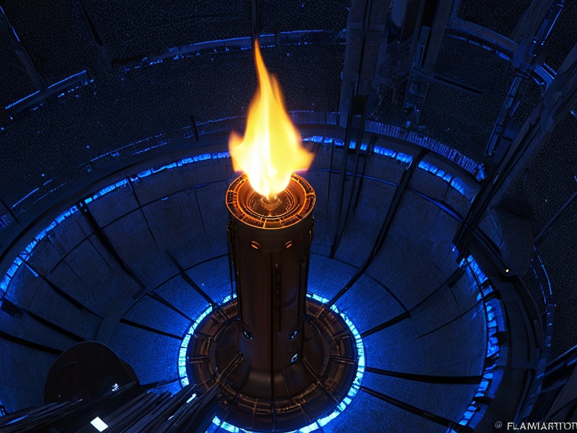 Futuristic space with a central torch and neon lights