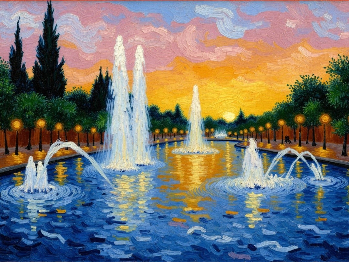 Twilight Scene with Fountain and Vibrant Sky Colors