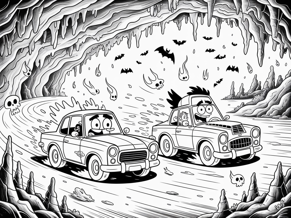 Cartoon Cars Racing in a Spooky Cave Setting