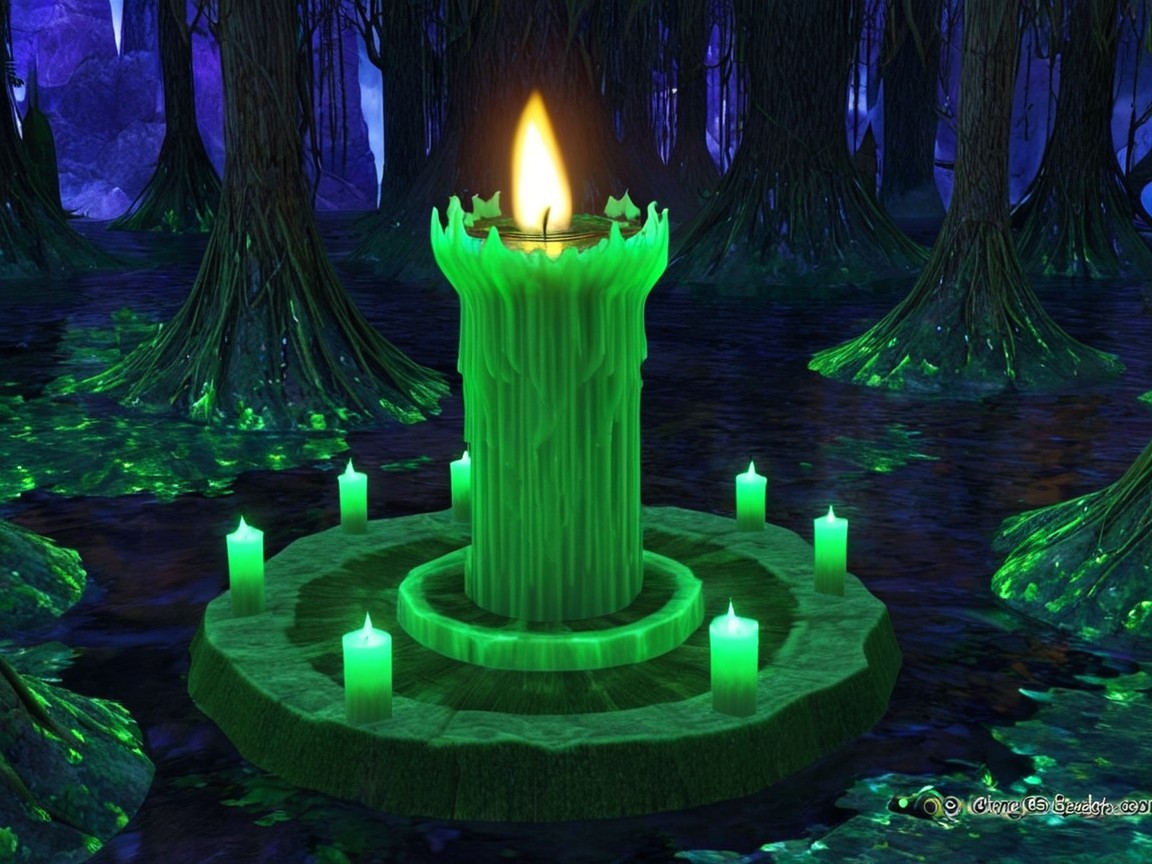 Mystical Forest with Green Candles and Ethereal Glow