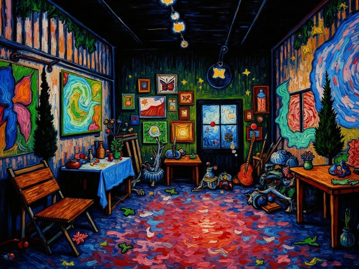 Vibrant Artist's Studio with Colorful Paintings and Supplies