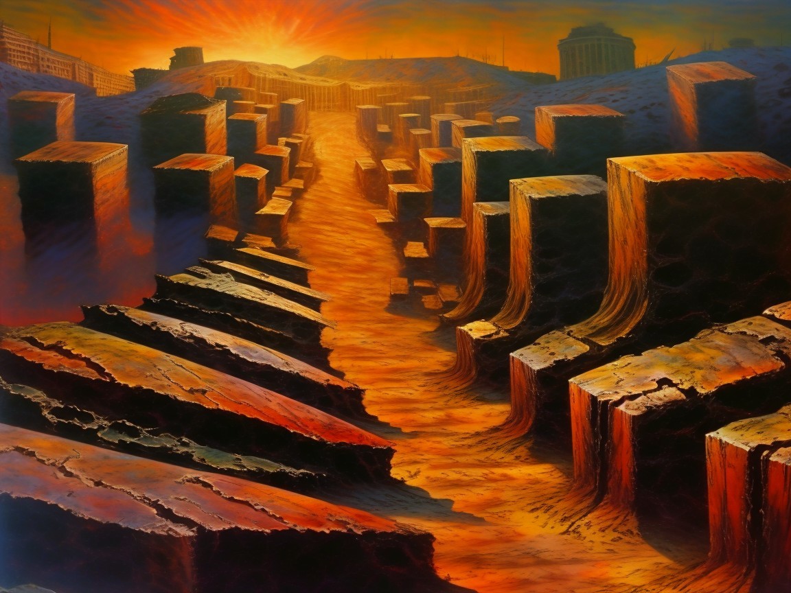Surreal Sunset Landscape with Abstract Rock Formations