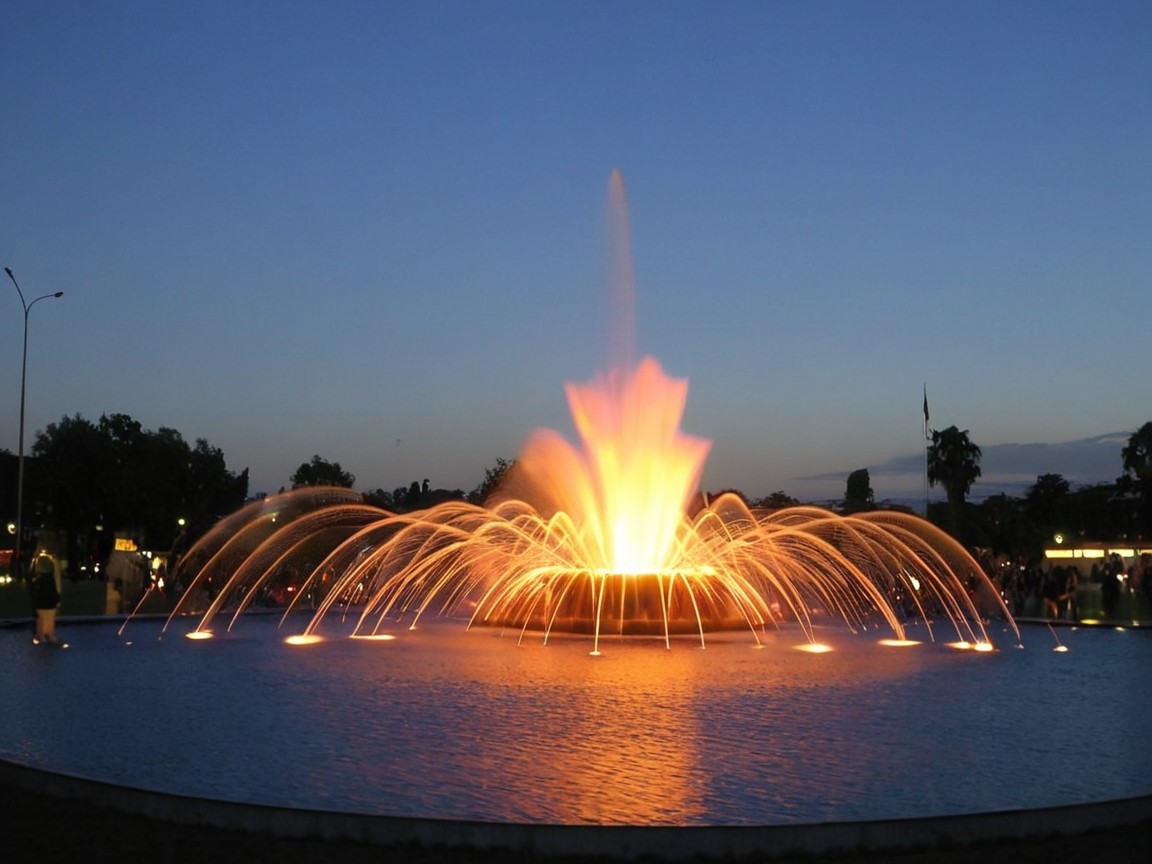 Vibrant Fountain Display at Twilight with Orange Lights