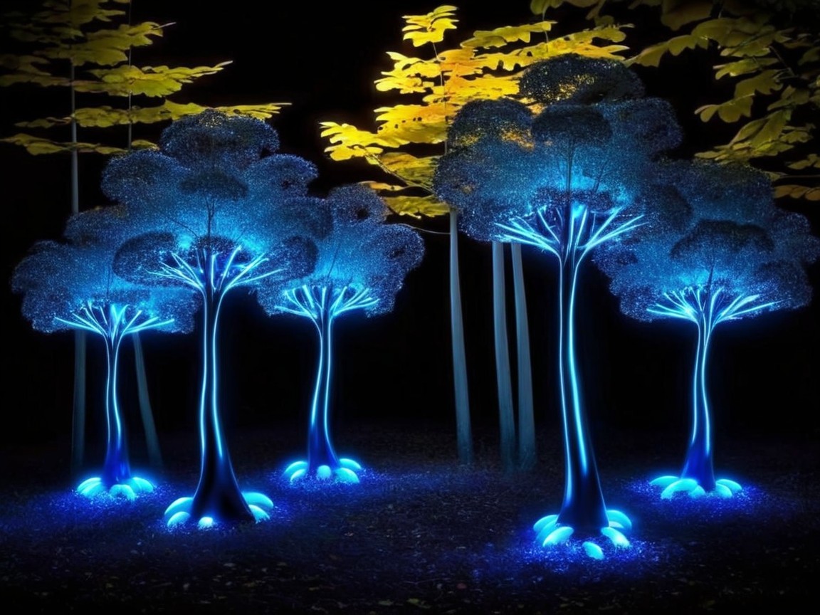 Glowing Blue Trees in a Dark Magical Setting