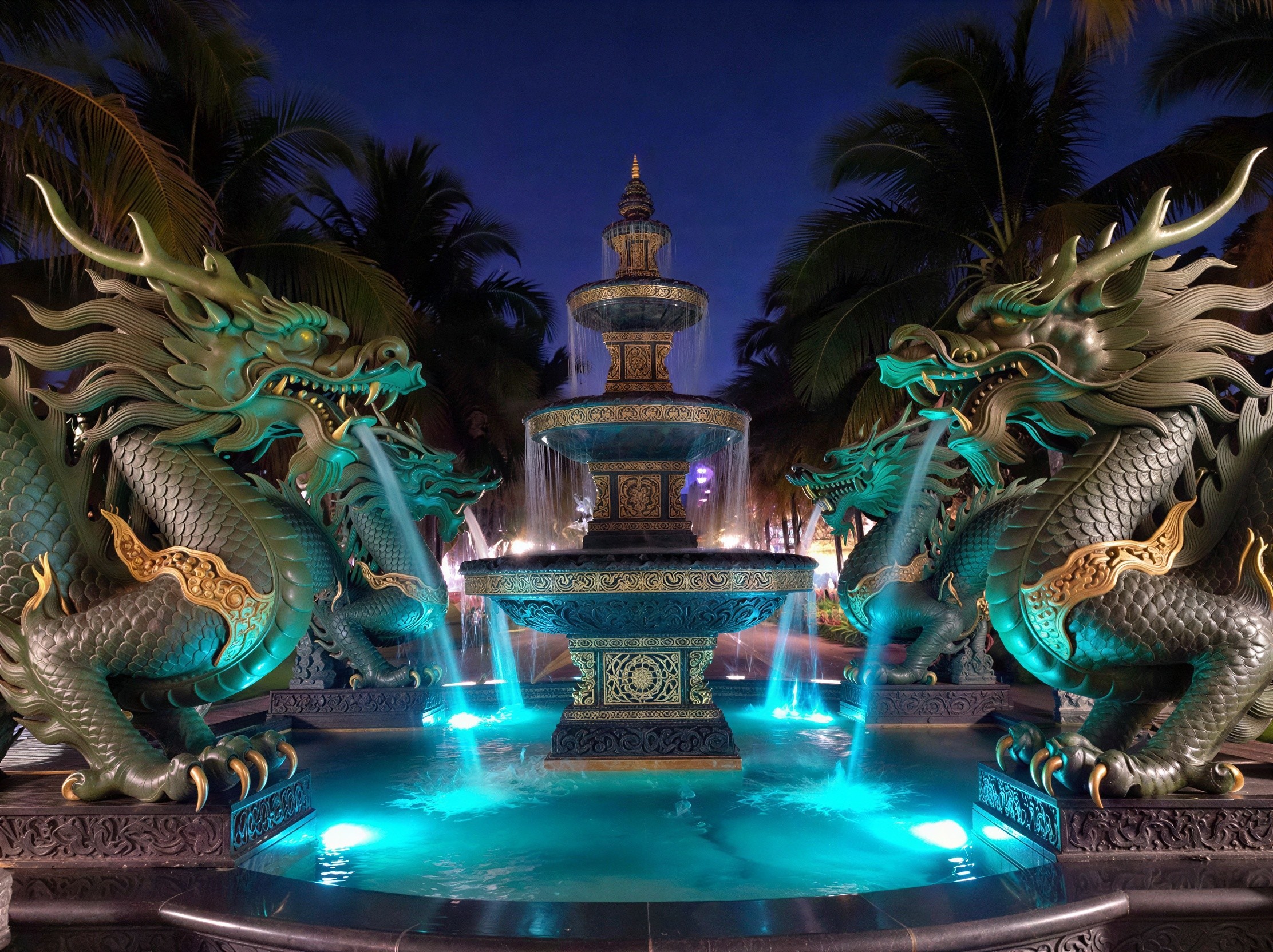 Green-Scaled Dragon Statues by Illuminated Fountain