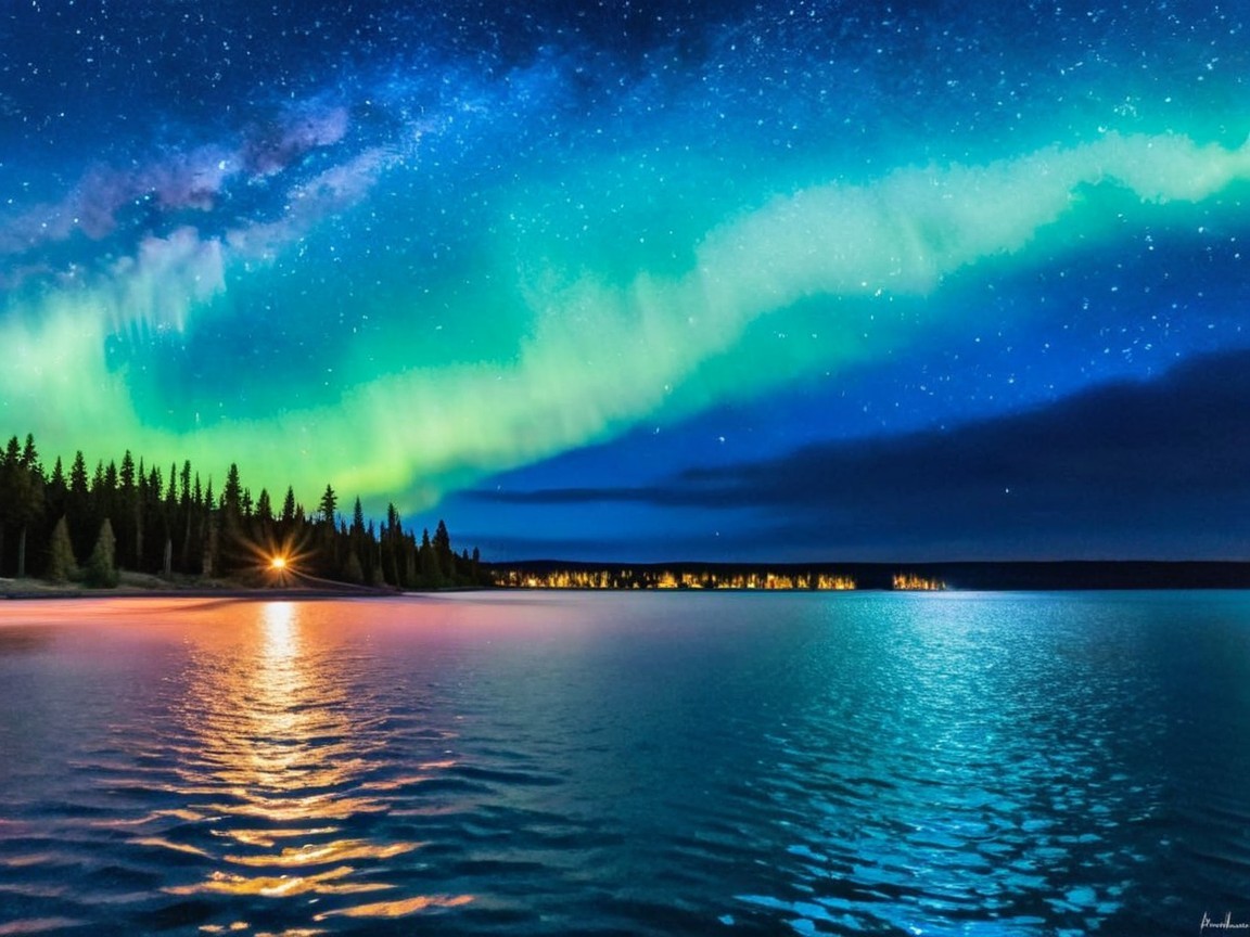 Nighttime Aurora Borealis Over Tranquil Lake Scene