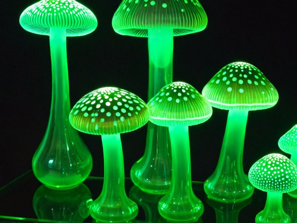 Glowing Green Mushrooms on Reflective Surface