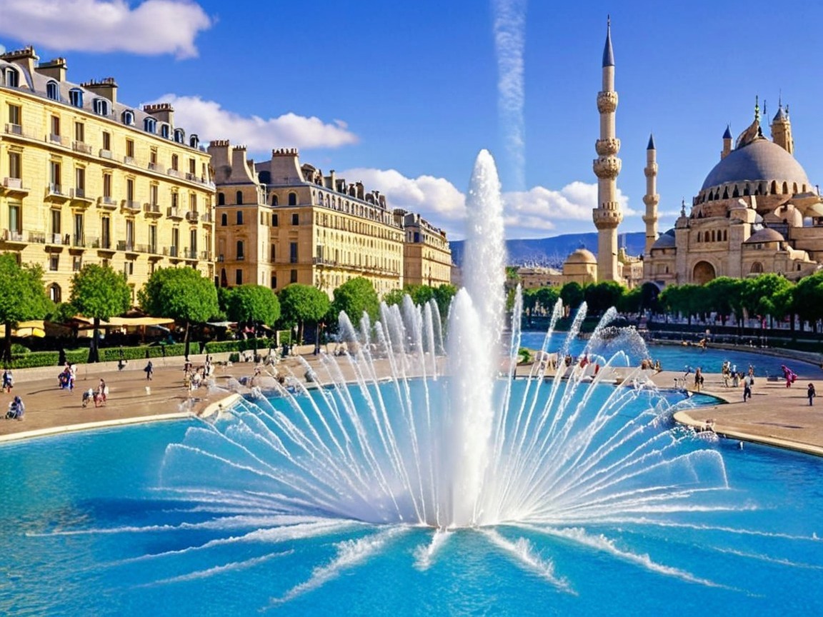 Vibrant city square with dynamic fountain and mosque