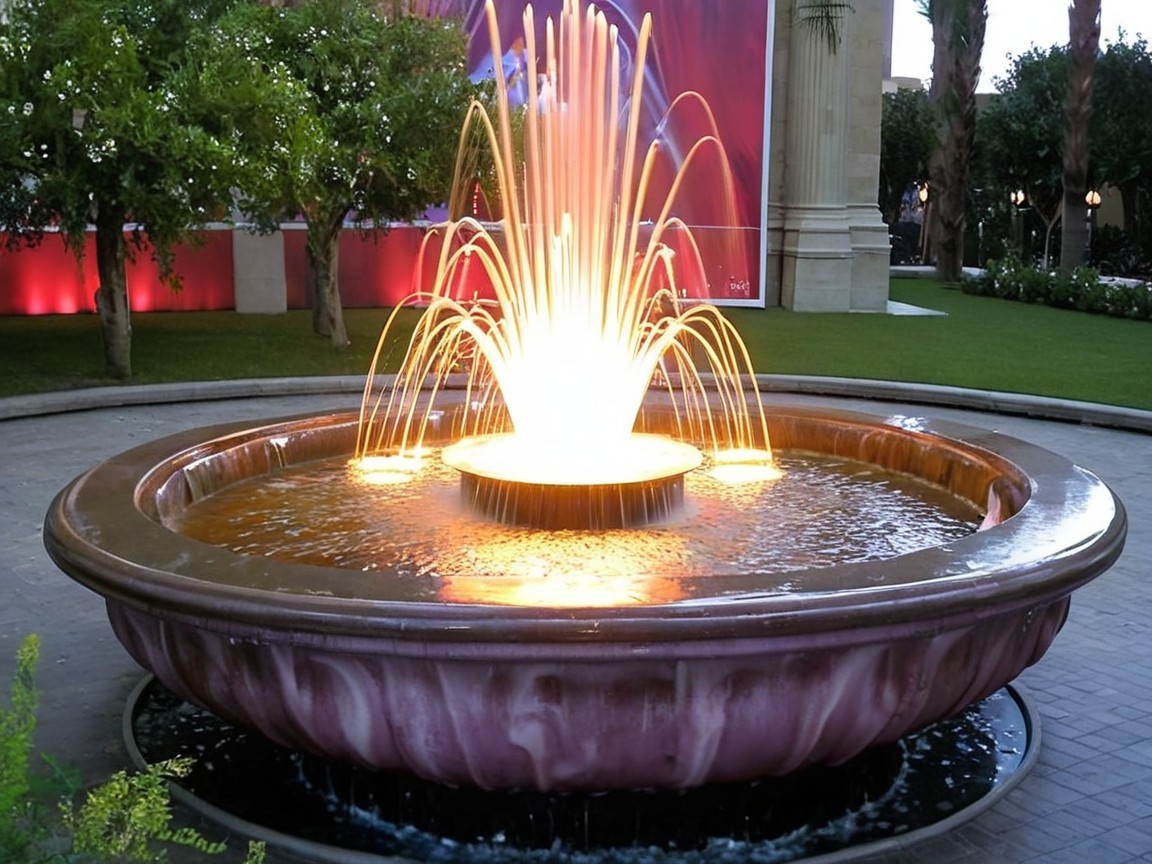 Illuminated Fountain in Lush Garden Setting