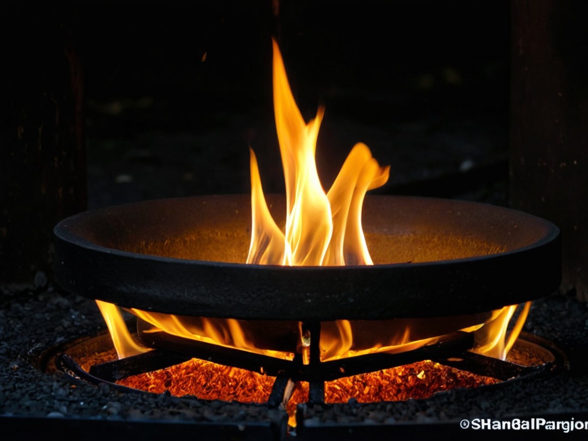 Vibrant Flame in Cast Iron Skillet with Glowing Embers