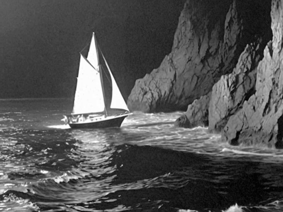 Sailboat on Moonlit Coastline with Rugged Cliffs
