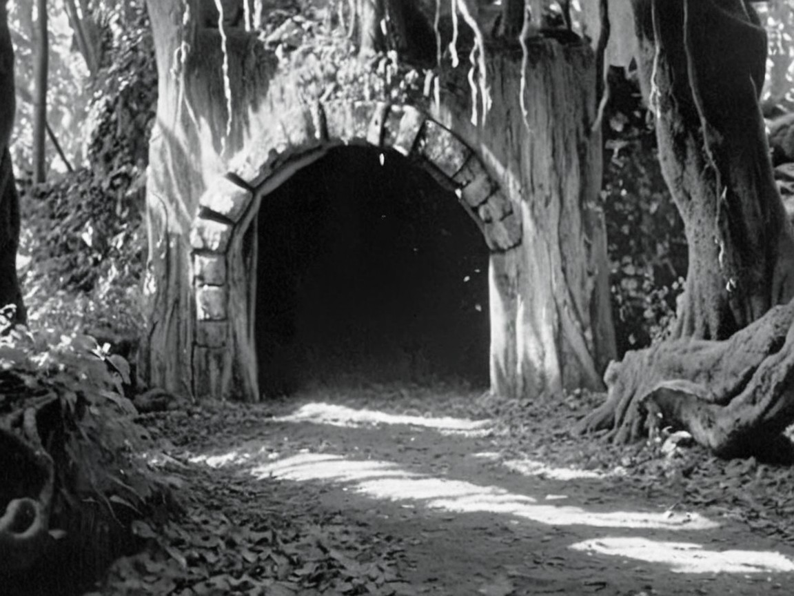 Mysterious Tunnel in a Large Tree Trunk Surrounded by Foliage