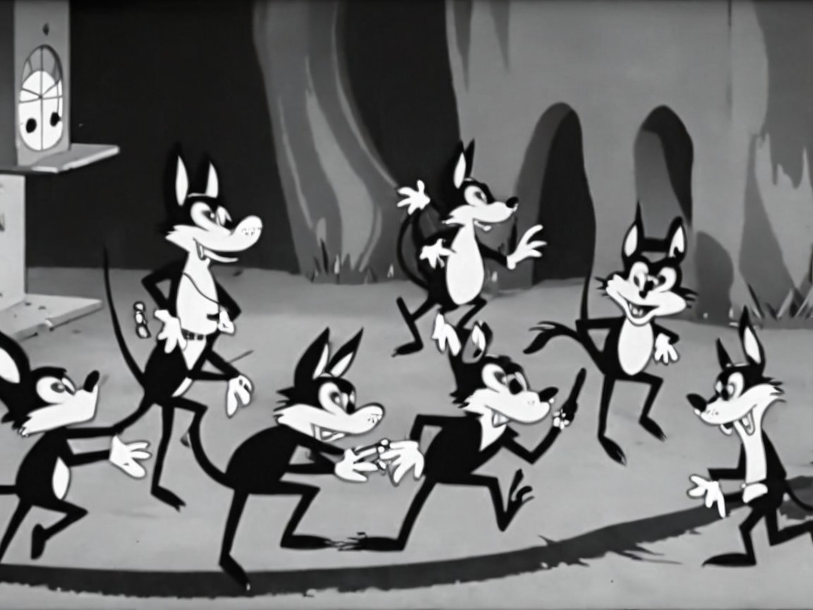 Playful Cartoon Wolves in Whimsical Black-and-White Scene
