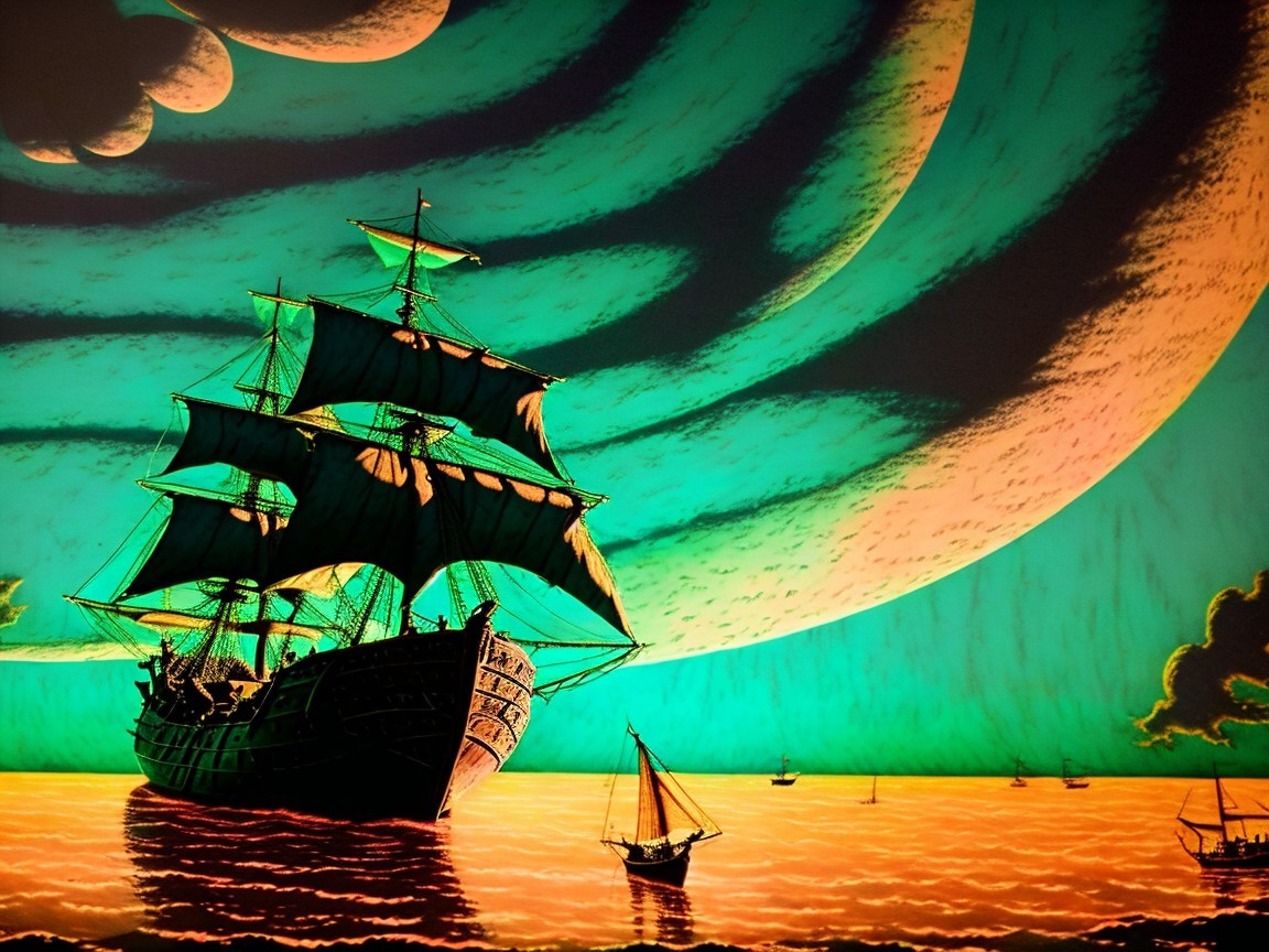 Majestic sailing ship in a vibrant, surreal sea
