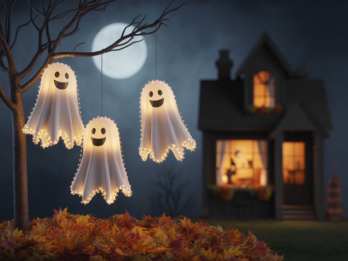 Cheerful ghost decorations on a tree at night