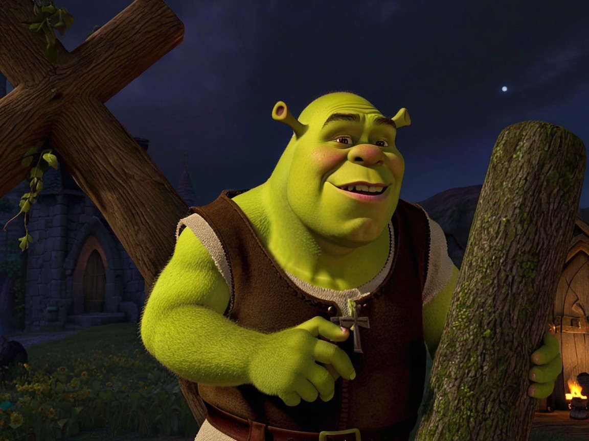 Cheerful Green Ogre in Whimsical Moonlit Setting