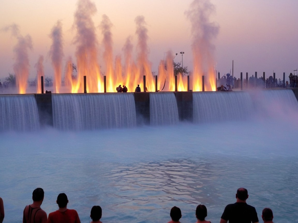 Cascading Waterfalls and Illuminated Pool Scene