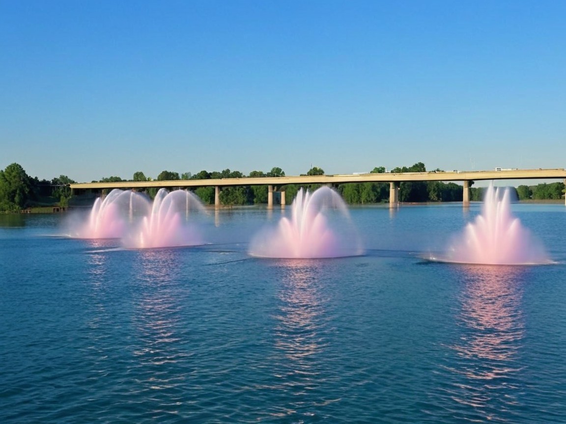 Serene lake with pink fountains and scenic bridge