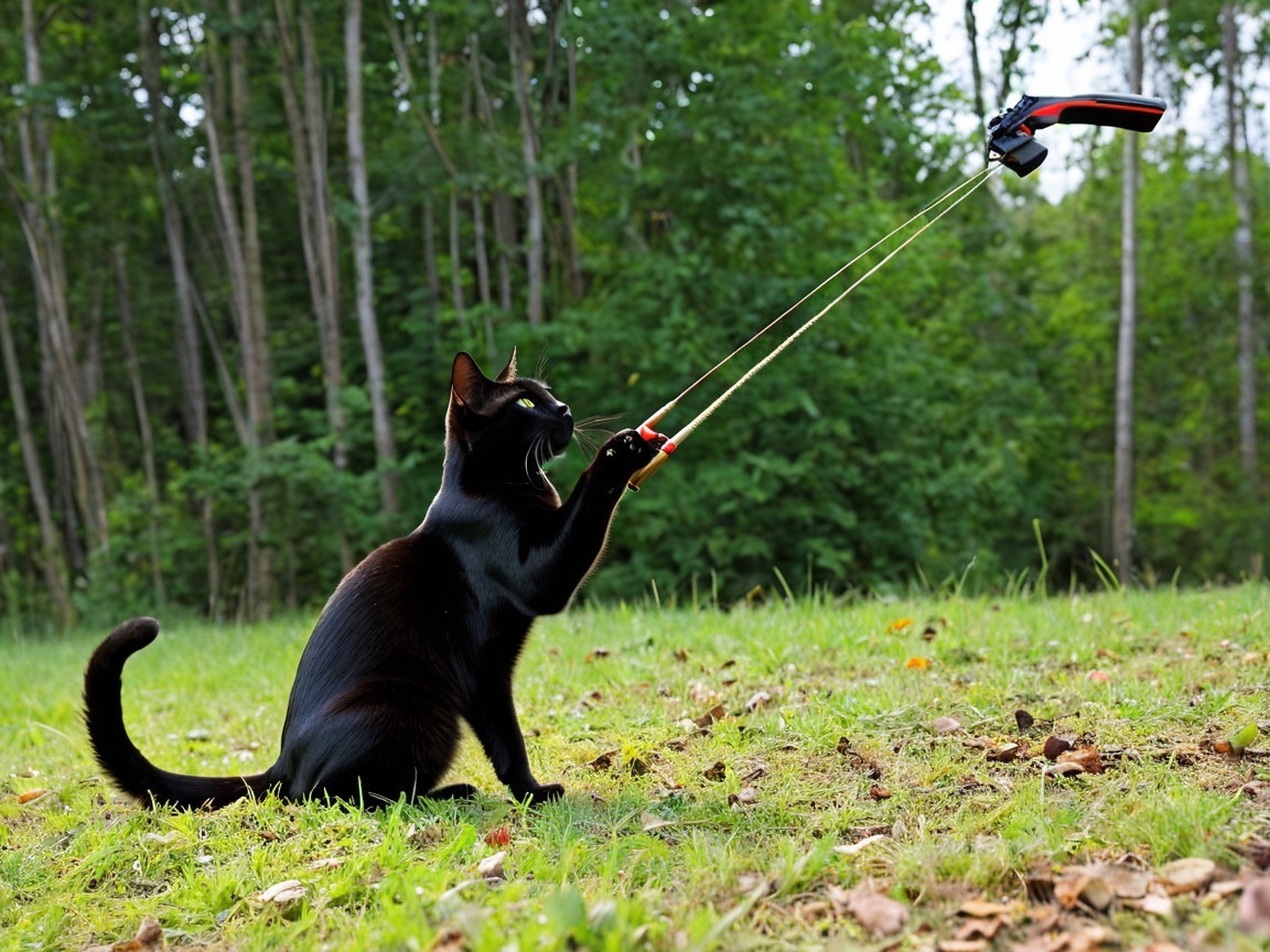 Sleek black cat playing with a toy outdoors