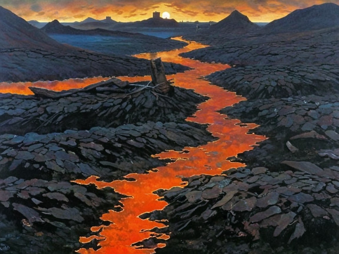 Dramatic Volcanic Landscape at Sunset with Lava