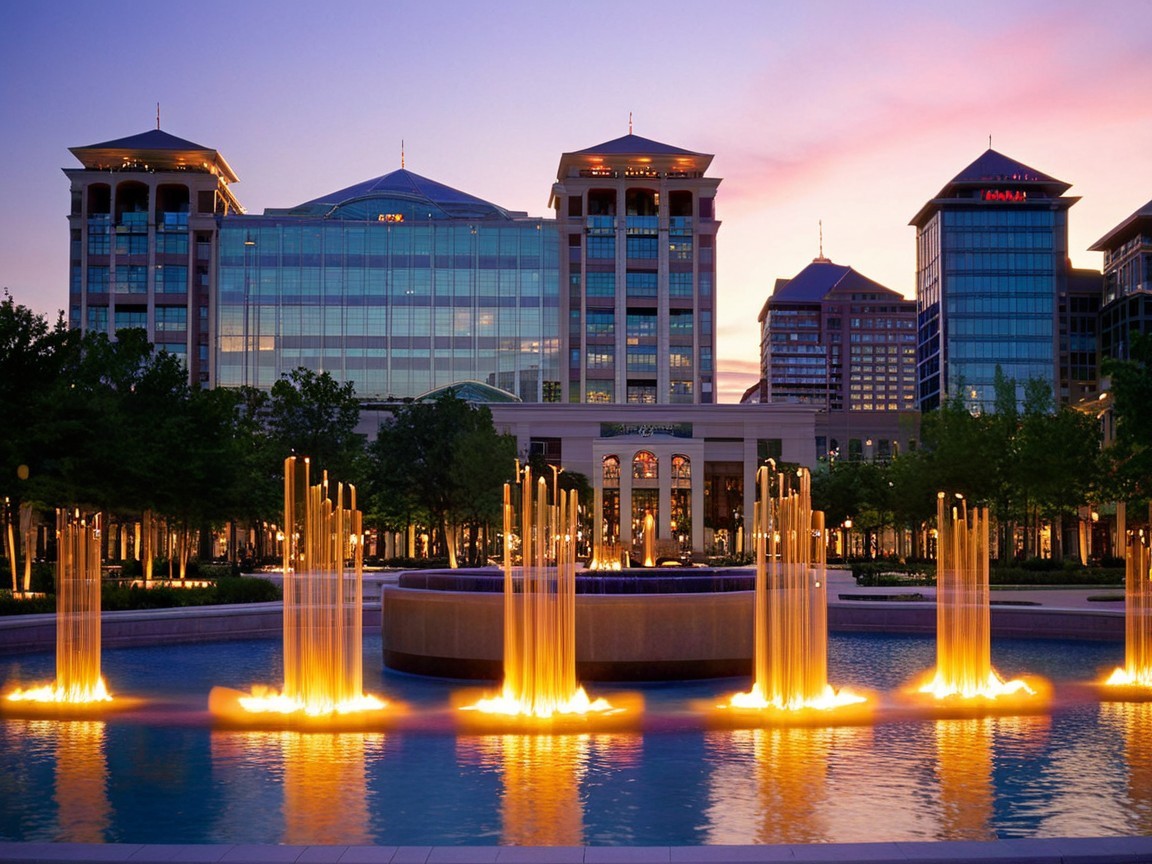Modern urban plaza with fountain and glass buildings